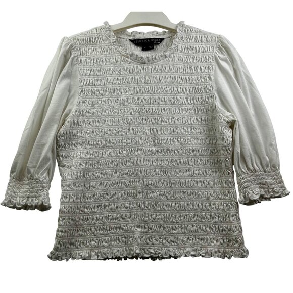 Veronica Beard Jeans Top Womens Medium Langston Smocked Puff Sleeve Ruffle Trim - Picture 1 of 9